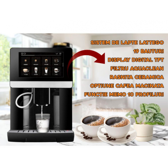 Espressor automat profesional HAUSBERG HB-3770, sistem de lapte LatteGo, 19 bauturi, 15 bar, display digital TFT, filtru AquaClean, rasnita ceramica, optiune cafea macinata, functie MEMO 10 profiluri, Negru