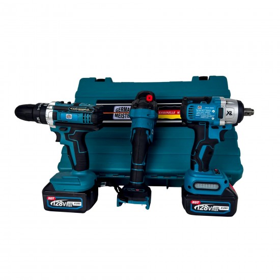 Set 3 piese Geman Meister, Masina impact, Polizor si Bormasina, cu 2 acumulatori 128V 8Ah
