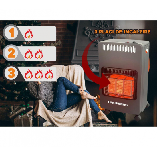 Soba pe gaz GPL Hausberg HB-1021NG, aprindere piezo-electrica, 3 placi de incalzire ceramic putere totala 4.2kW, sistem de oprire automata a gazului, Negru