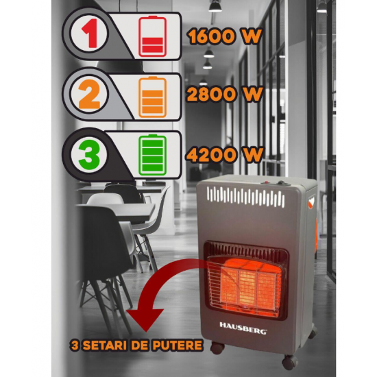 Soba pe gaz GPL Hausberg HB-1021NG, aprindere piezo-electrica, 3 placi de incalzire ceramic putere totala 4.2kW, sistem de oprire automata a gazului, Negru