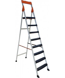 Scara dubla pliabila din aluminiu emailat Harbinger®, Plianta, Maxim 155 kg, Trepte si platforma acoperite cu plastic anti-aderent, Picioare stabile, Maner de inchidere, 7+1 trepte