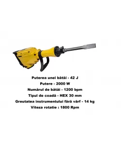 Ciocan rotopercutor demolator , Mustang Profesional , 2000 W , 1200 Bpm , 42 J , 30 mm Ciocan rotopercutor demolator , Mustang Profesional , 2000 W , 1200 Bpm , 42 J , 30 mm