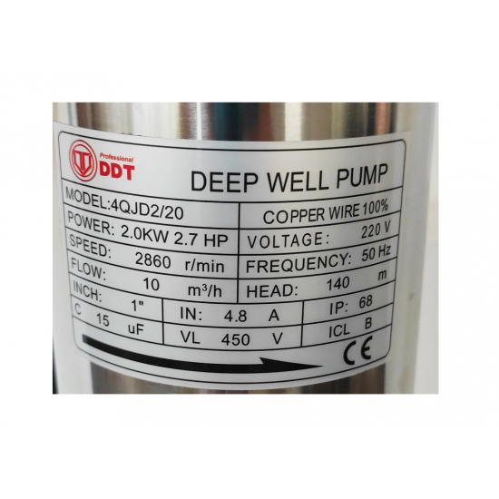 Pompa submersibila de apa curata, de mare adancime, DDT-PROFESSIONAL, 4QJD2-20 , 2000 W , 20 turbine, 10 m³/h , bobinaj cupru 100%