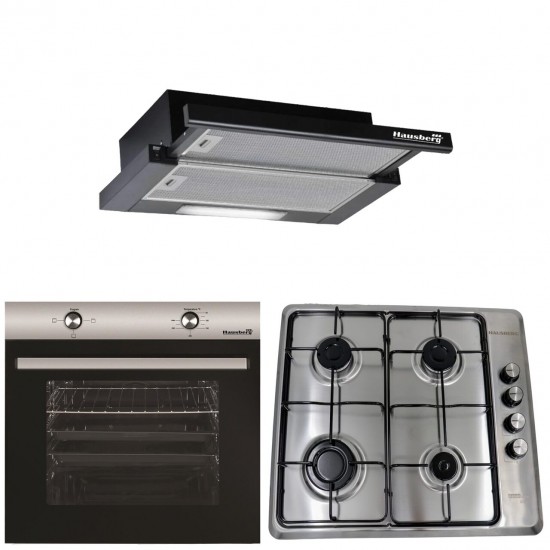 Pachet Cuptor incorporabil Hausberg HB-8051IN, Electric, Putere 2000 W, 76 l, Plita HB-580IN, aprindere electrica, gaz, 4 arzatoare,  Hota telescopica HB-1285NG, absorbtie 420 m3/h, 2 motoare, 60 cm, Negru-Inox
