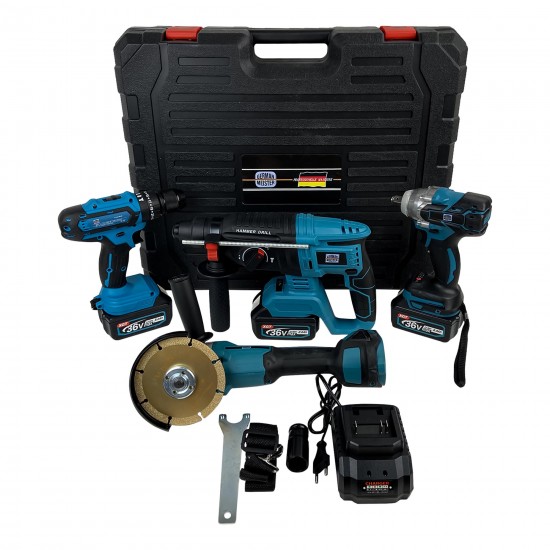 Pachetul Gospodarilor Bormasina cu impact+Bormasina de gaurit si insurubat+Flex+Ciocan rotopercutor cu 3 acumulatori 36V 8AH