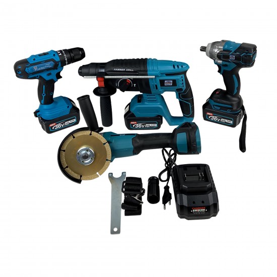 Pachetul Gospodarilor Bormasina cu impact+Bormasina de gaurit si insurubat+Flex+Ciocan rotopercutor cu 3 acumulatori 36V 8AH