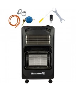 Pachet Soba pe gaz GPL (butelie) si electric Hausberg HB-1020NG, aprindere piezo-electrica, 4.2kW, Negru, Ceas butelie, 1m furtun gaz MN2015 si 2 coliere furtun