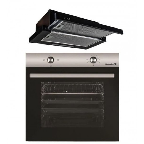 Pachet Incorporabil Cuptor Electric iHausberg  Putere 2000 W, 76 l, 4 Functii, Clasa A, Negru/Inox, Hota incorporabila telescopica Hausberg , putere de absorbtie 420 m3/h, 2 motoare, 60 cm, Negru