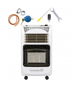 Pachet Soba pe gaz GPL (butelie) si electric Hausberg HB-1020AB, aprindere piezo-electrica, 4.2kW, Alb, Ceas butelie, 1m furtun gaz MN2015 si 2 coliere furtun