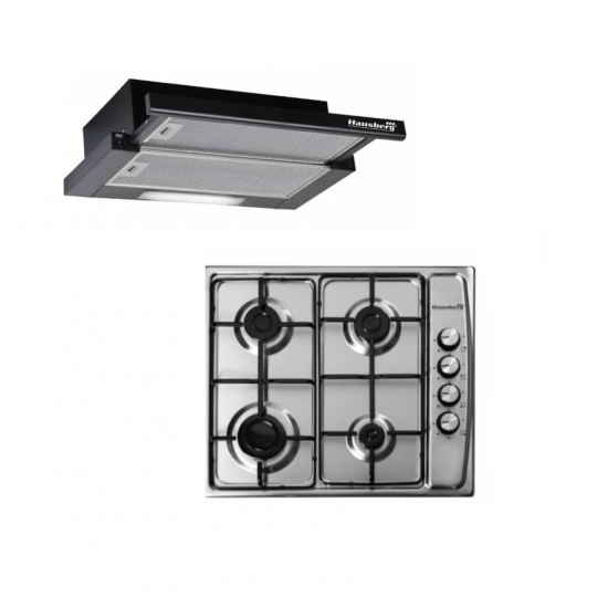 Pachet Hota incorporabila telescopica Hausberg HB-1285NG, absorbtie 420 m3/h, 2 motoare, 60 cm si Plita incorporabila Hausberg HB 555, Gaz, 4 arzatoare, Sistem siguranta, Inox