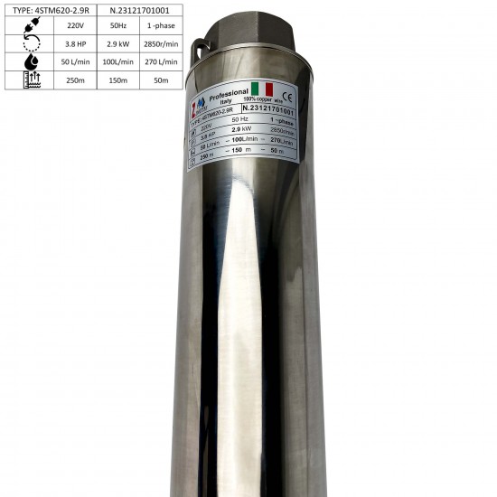 Pompa submersibila Zinith Italy 4STM620, 2.9 KW, 270 L/min, 250m, bobinaj cupru, cablu alimentare 20m