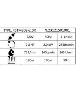 Pompa submersibila Zinith Italy 4STM809, 2 KW, 75 L/min 180m, bobinaj cupru, cablu alimentare 20m