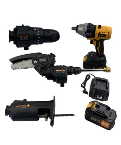 Trusa 5 in 1 Rotor cu 2 acumulatori, bormasina, cheie impact, minidrujba, fierastrau sabie si spalator cu presiune