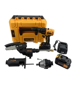 Trusa 5 in 1 Rotor cu 2 acumulatori, bormasina, cheie impact, minidrujba, fierastrau sabie si spalator cu presiune