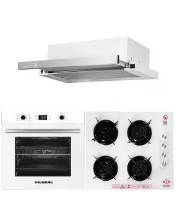 Pachet incorporabil HAUSBERG Cuptor electric HB-8054AB, Clasa A, 71L, 2225W, panou sticla termoizolant, termostat, timer, 7 functii, ventilatie, Plita HB-563, Gaz, 4 arzatoare, Hota telescopica HB-1285, absorbtie 420 m3/h, 2 motoare, 60 cm, Alb