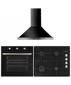 Pachet incorporabil Hausberg HB-8053NG, Electric, 2225 W, 71 l, 6 Functii, Ventilatie, Timer, Clasa A, Plita HB-558NG, Gaz, 3 arzatoare standard, 1 arzator wok, emailat, Hota decorativa HB-1260NG, absorbtie 400 m3/h, 1 motor, 60 cm, Negru