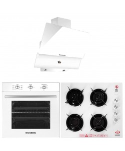 Pachet incorporabil Hausberg HB-8053AB, Electric, Putere 2225 W, 71 l, 6 Functii, Ventilatie, Timer, Clasa A, Plita HB-563AB, Gaz, 4 arzatoare, Hota decorativa HB-2285AB, 60 cm, Filtru aluminiu, Alb