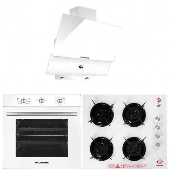 Pachet incorporabil Hausberg HB-8053AB, Electric, Putere 2225 W, 71 l, 6 Functii, Ventilatie, Timer, Clasa A, Plita HB-563AB, Gaz, 4 arzatoare, Hota decorativa HB-2285AB, 60 cm, Filtru aluminiu, Alb