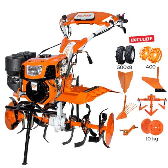 Motosapatoare RURIS 732ACC + roti cauciuc 5.00-8+rarita+plug+adaptor+dispozitiv scos cartofi+roti metalice 400 fara manicot+cultivator+set contragreutati 10kg 8.5 CP