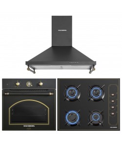 Pachet Incorporabil Rustic Cuptor Hausberg HB-8055RST, 57L, putere 2000W, Plita Incorporabila Hausberg HB-575RST, 4 arzatoare, Gaz, 60 cm, Hota decorativa Hausberg HB-1505RST, Putere absorbtie 450 m3/h, 1 motor, 60 cm otel inoxidabil, Negru Rustic