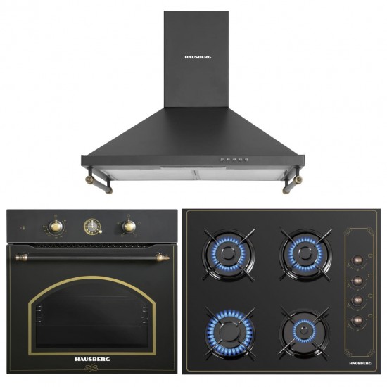 Pachet Incorporabil Rustic Cuptor Hausberg HB-8055RST, 57L, putere 1600W, Plita Incorporabila Hausberg HB-575RST, 4 arzatoare, Gaz, 60 cm, Hota decorativa Hausberg HB-1505RST, Putere absorbtie 450 m3/h, 1 motor, 60 cm otel inoxidabil, Negru Rustic