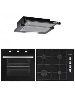 Pachet cuptor incorporabil Hausberg HB-8053NG, Electric, 2225 W, 71 l, 6 Functii, Ventilatie, Timer, Clasa A, Plita HB-558NG, Gaz, 4 arzatoare standard, Hota telescopica HB-1285NG, absorbtie 420 m3/h, 2 motoare, 60 cm, Negru