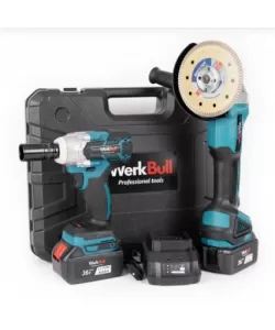 Set Pistol de impact si Flex Werkbull, 2 acumulatori 36V 8Ah, trusa, albastru Set Pistol de impact si Flex Werkbull, 2 acumulatori 36V 8Ah, trusa, albastru
