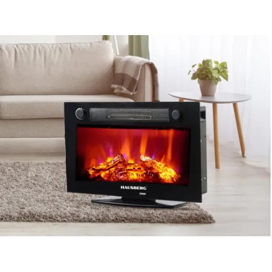 Semineu Electric de Birou HAUSBERG HB-8226NG, 1800W, efect de Flacara, incalzire PTC, Sticla securizata, Telecomanda