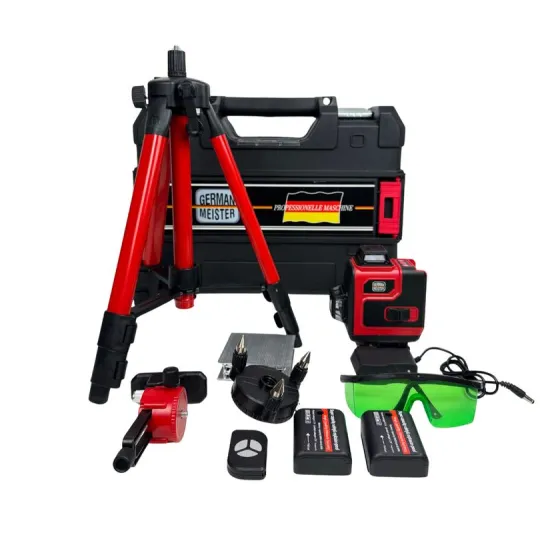 Kit Nivelă Laser 360° German Meister, Laser Verde 4×360°, Trepied + Ochelari + Accesorii, Model Profesional