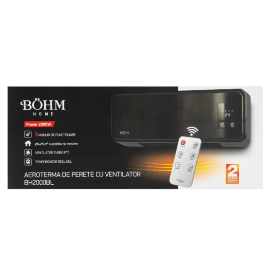 Aeroterma de perete cu display si telecomanda BÖHM BH2000BL, 20–25 m², 1000W-2000W