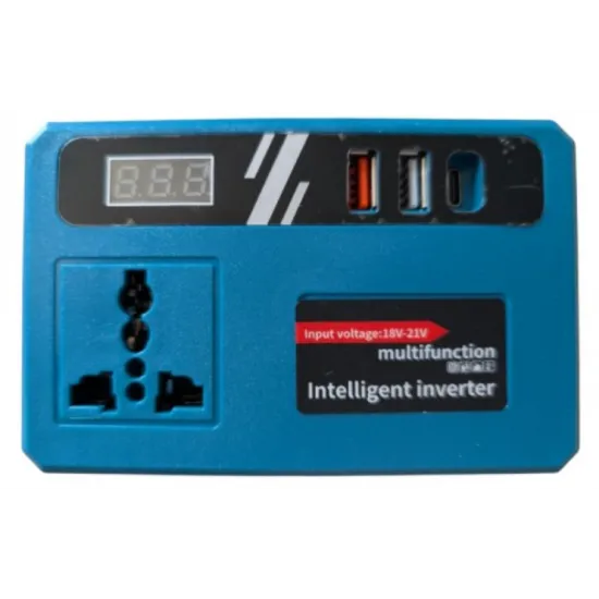 Invertor de Baterie German Meister 18V/21V, 150W, Compatibil Makita, Ieșire 220V AC, 2x USB + USB Type-C, Ecran LCD, Undă Modificată