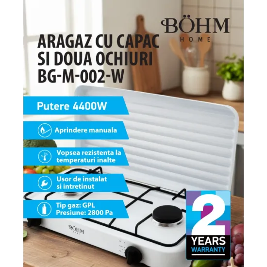 Plita cu doua arzatoare pe gaz si aprindere manuala BÖHM BG-M-002-W, 4.4 kW