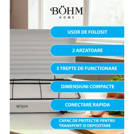Plita cu doua arzatoare pe gaz si aprindere manuala BÖHM BG-M-002-W, 4.4 kW