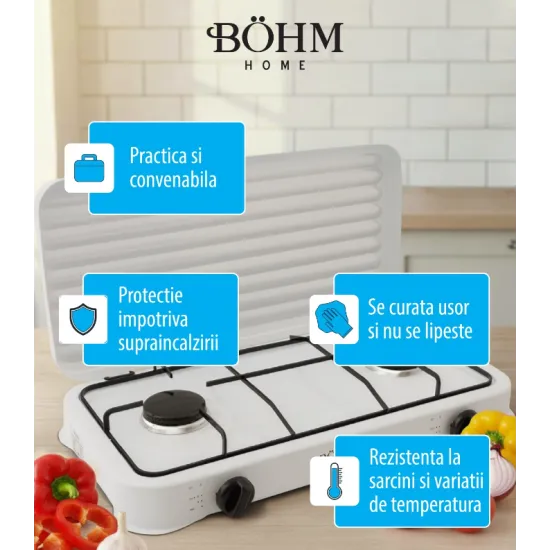 Plita cu doua arzatoare pe gaz si aprindere manuala BÖHM BG-M-002-W, 4.4 kW