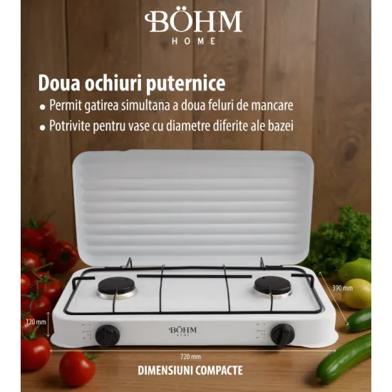 Plita cu doua arzatoare pe gaz si aprindere manuala BÖHM BG-M-002-W, 4.4 kW