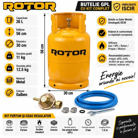 Butelie gaz GPL cu guler Rotor, volum 26l, metal, omologata ISCIR pentru Aragaz, Plita sau Soba, include furtun 2m, ceas regulator, cleme, cheie, garnitura