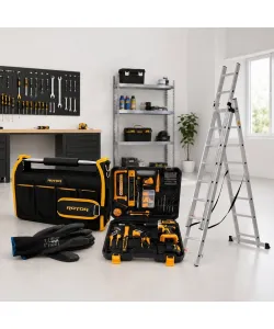 Pachet Rotor: Set Autofiletanta cu Scule ROTOR RSET-AP21, 21V, 1.5Ah, 200W, scara multifunctionala 3x9 trepte, geanta depozitare scule 16", manusi de lucru.