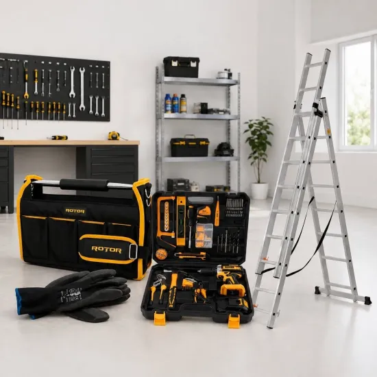 Pachet Rotor: Set Autofiletanta cu Scule ROTOR RSET-AP21, 21V, 1.5Ah, 200W, scara multifunctionala 3x9 trepte, geanta depozitare scule 16", manusi de lucru.