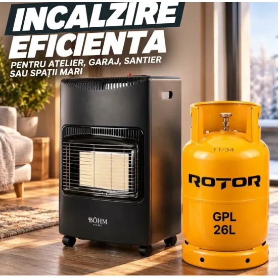 Pachet Soba Gaz GPL Bohm BF-003A, 4.2kW, 3 trepte, 20-80 m2 + Butelie GPL ROTOR 26L goala, capacitate 12.5kg