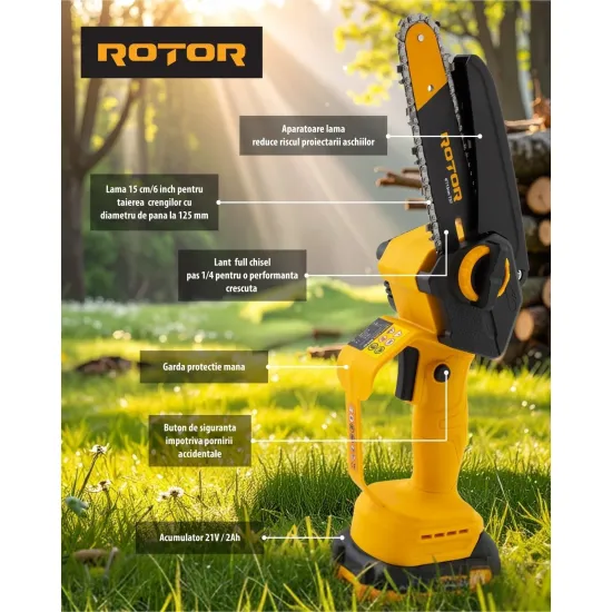 Pachet Gradina ROTOR 21V: Mini Drujba RBS-62 6 inch cu 2 lanturi + Suflanta Aer RS-2000 + Manusi cadou