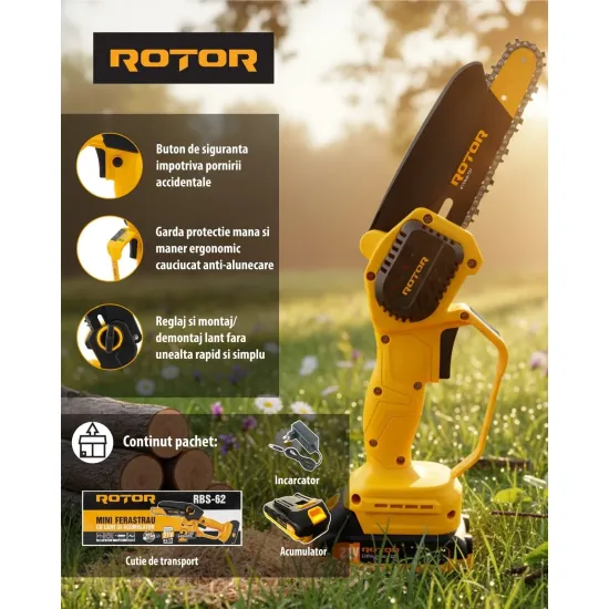 Pachet Gradina ROTOR 21V: Mini Drujba RBS-62 6 inch cu 2 lanturi + Suflanta Aer RS-2000 + Manusi cadou