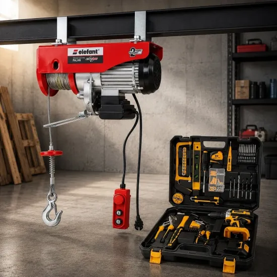 Pachet Troliu Electric Palan Elefant ETP1000, 1000 kg + Set Autofiletanta ROTOR RSET-AP21, 21V, 70 Nm, 40 de piese