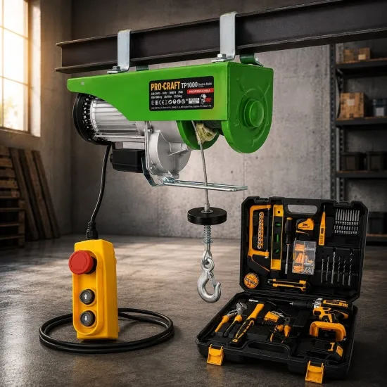 Pachet Troliu Electric Palan ProCraft TP1000, 1000 kg + Set Autofiletanta ROTOR RSET-AP21, 21V, 70 Nm, 40 de piese