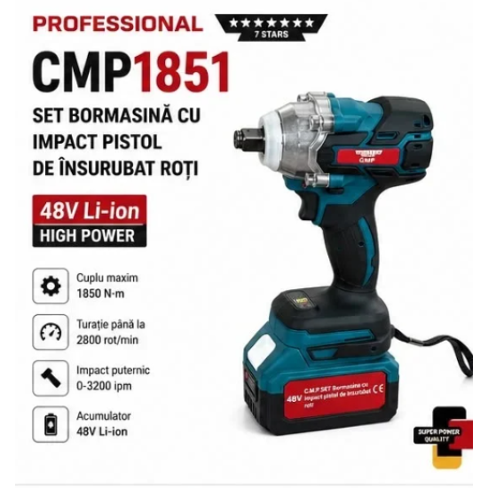 Masina de insurubat Cheie cu impact 48V 10Ah , cu 2 acumulatori si accesorii CAMPION PROFESSIONAL CMP1851