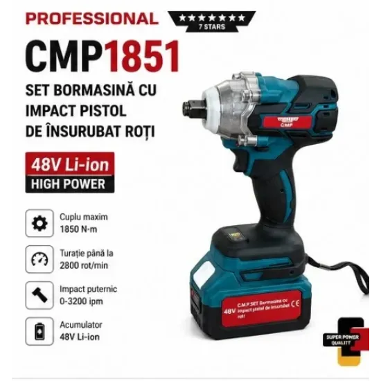 Masina de insurubat Cheie cu impact 48V 10Ah , cu 2 acumulatori si accesorii CAMPION PROFESSIONAL CMP1851