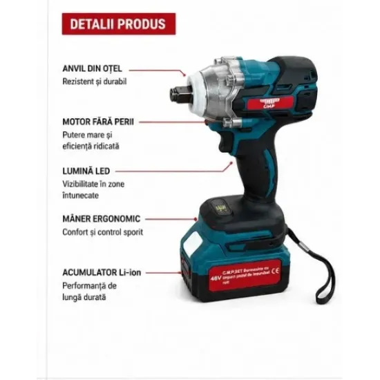 Masina de insurubat Cheie cu impact 48V 10Ah , cu 2 acumulatori si accesorii CAMPION PROFESSIONAL CMP1851