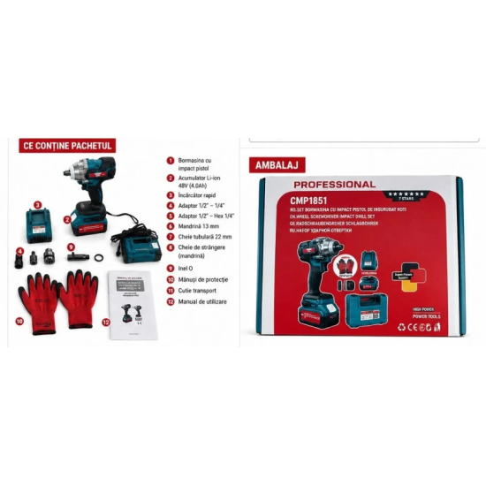 Masina de insurubat Cheie cu impact 48V 10Ah , cu 2 acumulatori si accesorii CAMPION PROFESSIONAL CMP1851