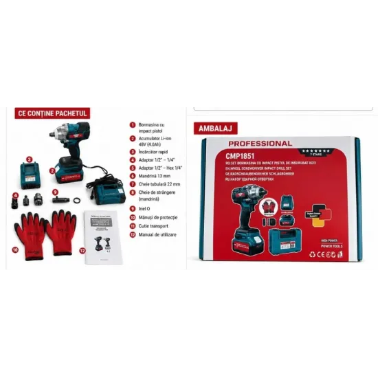 Masina de insurubat Cheie cu impact 48V 10Ah , cu 2 acumulatori si accesorii CAMPION PROFESSIONAL CMP1851