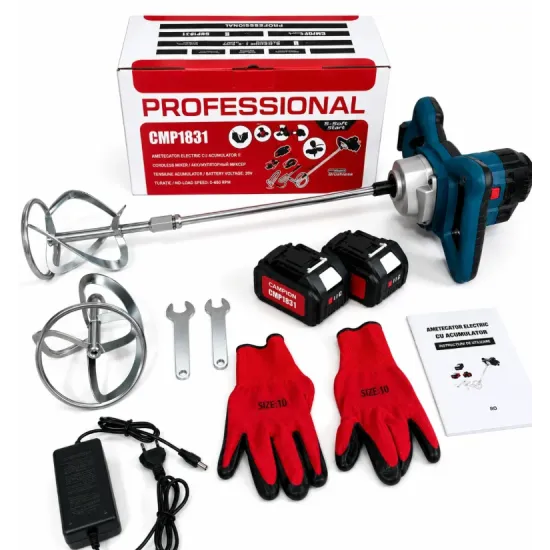 Mixer electric pentru mortar, cu 2 acumulatori 48V, 0-850RPM, paleta de rezerva, chei montaj, CAMPION PROFESSIONAL CMP1831