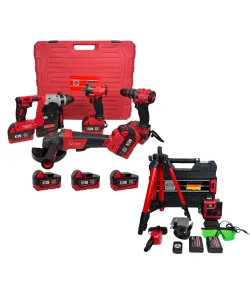 Pachet Profesional German Meister – Trusa 4 in 1 Brushless cu 3 Acumulatori 36V 8Ah + Nivela Laser 4D 360° Verde cu Trepied și Accesorii.